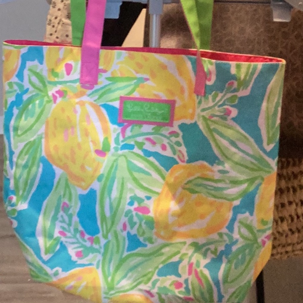 Lilly Pulitzer Tote Bag Womens Pink Green Print Large Beach satin pink inside